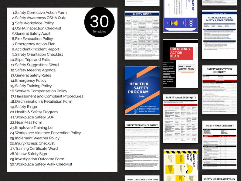 Workplace Safety Templates Bundle: 30 Health & Safety Plan Forms ...