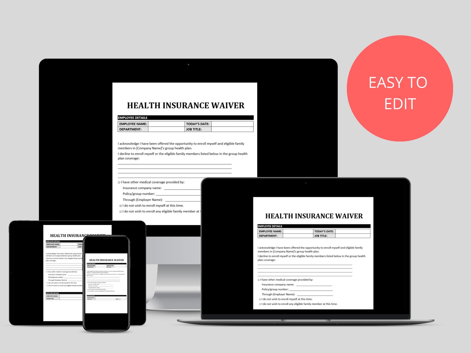 Health Insurance Waiver | Opt-out Form | MS Editable Word Document | HR ...