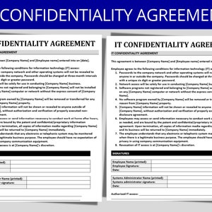 Pode incluir: Um formulário de acordo de confidencialidade em preto e branco para acesso à tecnologia da informação (TI). O formulário inclui seções para o nome do funcionário, assinatura, data e acesso de TI autorizado.