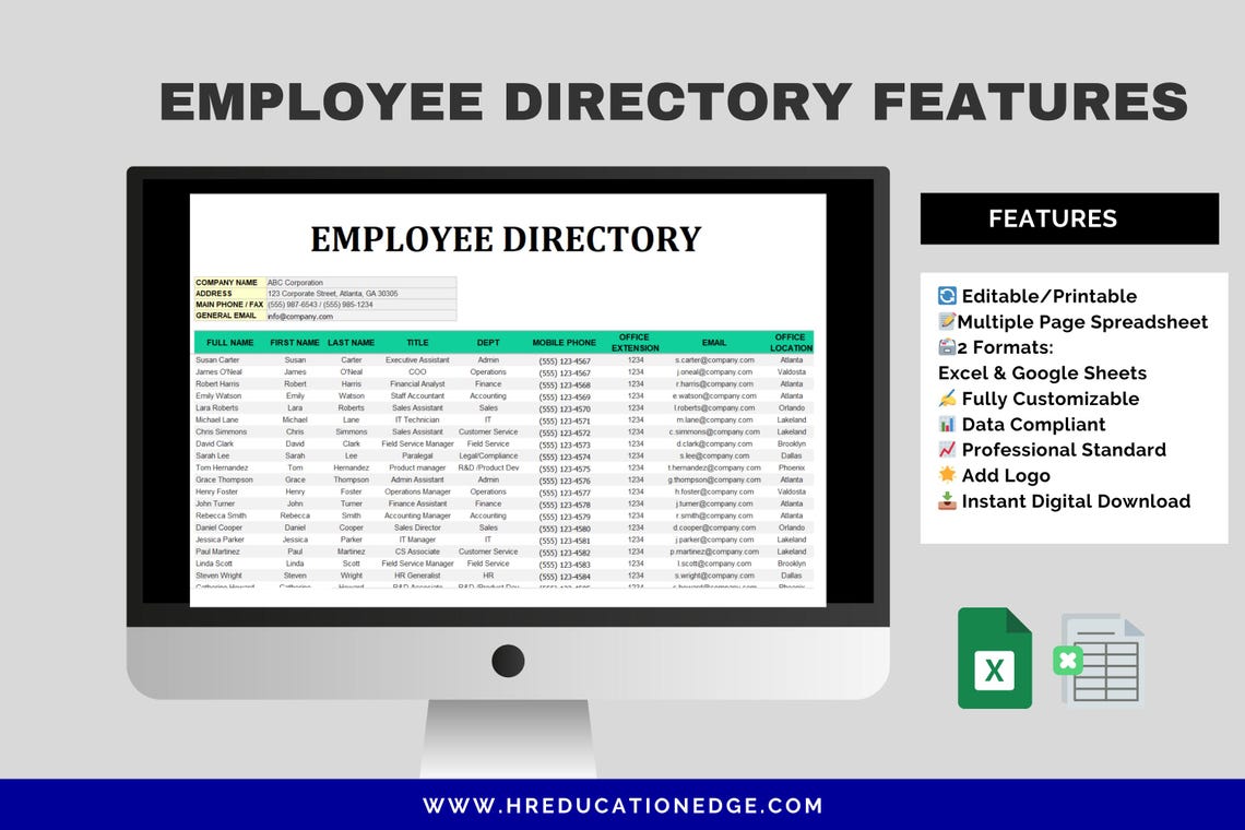 Excel Employee Directory Template: HR Staff Contact List (digital ...