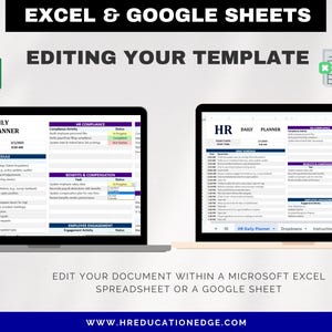 Pode incluir: Dois laptops exibindo um modelo de Planejador Di&aacute;rio de RH no Excel e Google Sheets. A imagem inclui o texto "Excel & Google Sheets" e "Editing Your Template". A parte inferior da imagem diz "Edite seu documento em uma planilha do Microsoft Excel ou uma planilha do Google."