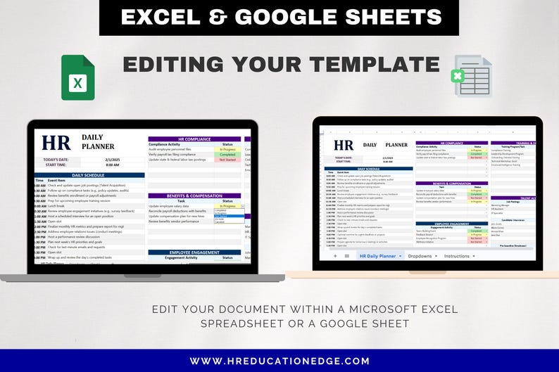 Pode incluir: Dois laptops exibindo um modelo de Planejador Di&aacute;rio de RH no Excel e Google Sheets. A imagem inclui o texto "Excel & Google Sheets" e "Editing Your Template". A parte inferior da imagem diz "Edite seu documento em uma planilha do Microsoft Excel ou uma planilha do Google."