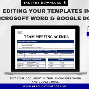 May include: A laptop computer screen displaying a team meeting agenda template. The template is formatted with a table and includes sections for welcome and opening remarks, action item discussion, team updates, and attendees. The text on the screen reads "TEAM MEETING AGENDA".