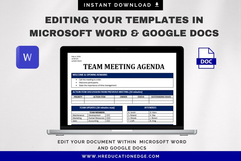 May include: A laptop computer screen displaying a team meeting agenda template. The template is formatted with a table and includes sections for welcome and opening remarks, action item discussion, team updates, and attendees. The text on the screen reads "TEAM MEETING AGENDA".