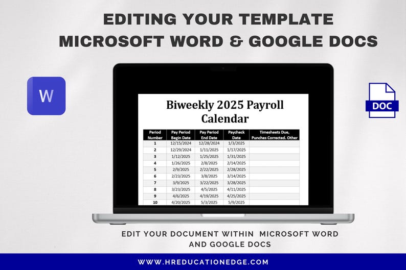 Biweekly Payroll Calendar 2025 MS Editable Word, Excel Pay Period Start