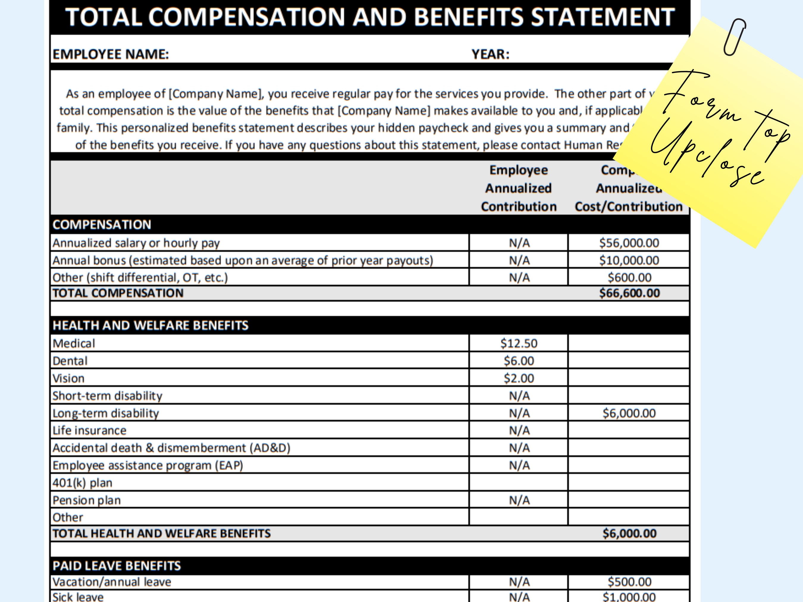 Benefits and Compensation Statement Template Editable Excel Etsy