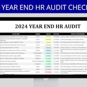 May include: A checklist for a 2024 year-end HR audit. The checklist includes action items, owner, status, due date, and notes of importance. The checklist is organized in a table format.