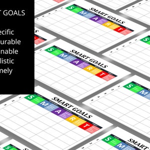 May include: A printable worksheet with the acronym SMART, which stands for Specific, Measurable, Attainable, Realistic, and Timely. The worksheet is designed to help people set and achieve goals.