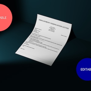 May include: A printable and editable employment verification letter template. The document includes fields for the recipient's name, company name, address, phone number, employee name, date of employment, and job title.