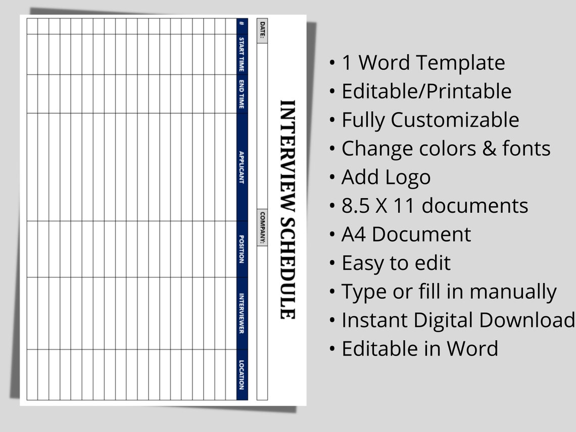Simplistic Interview Schedule Template: Editable HR Form (digital ...