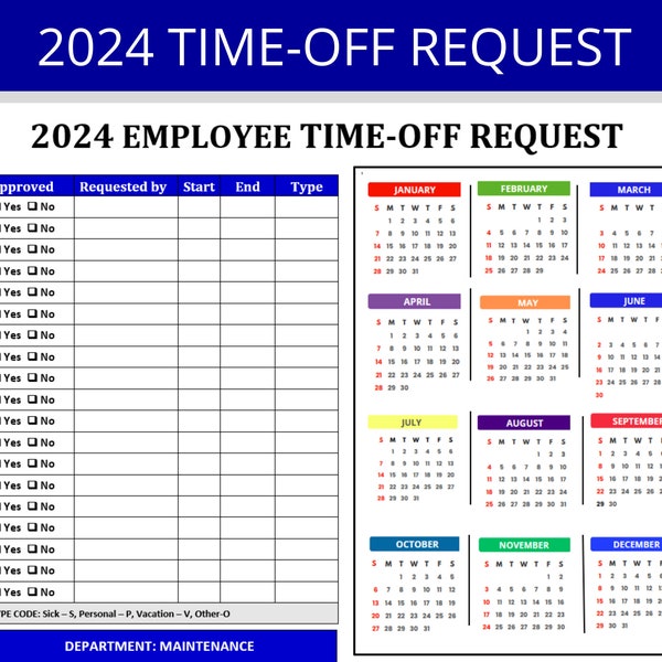 2024 Calendar | Employee Time-Off Request Planner: PTO & Vacation, Leave Calendar | Time-Off Form | HR Templates | Days Off Tracker