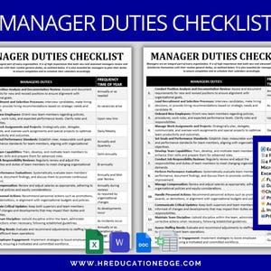 以下が含まれることがあります： マネージャーの職務と責任を明確にする、印刷可能なチェックリストです。このチェックリストには、職務分析の実施、採用活動の主導、業務割り当ての管理、目標設定、チーム能力の開発、職務責任のレビューなど、16 の主要な領域が含まれています。このチェックリストは、Microsoft Word、Google Docs、Excel、Google Sheets の 4 つの形式で入手できます。完全にカスタマイズ可能で、データに準拠しています。このチェックリストは、美しく印刷されるように設計されています。