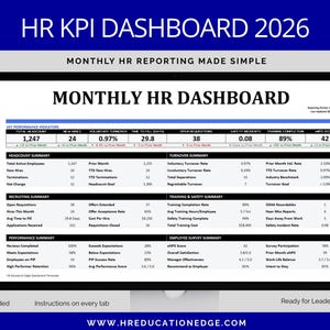 Può includere: Un monitor di computer mostra un "CRUSCOTTO HR MENSILE" con indicatori chiave di prestazione. Il dashboard include riepiloghi dei dati per l'organico, il reclutamento, le prestazioni e i sondaggi sui dipendenti. Il testo "HR KPI DASHBOARD 2026" è in alto.