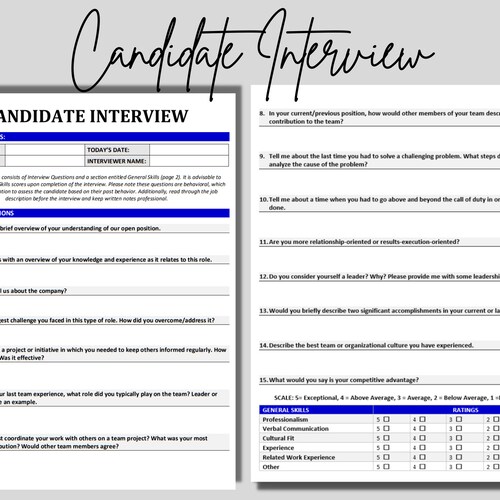 Interview Questions Template Human Resources Behavioral Etsy