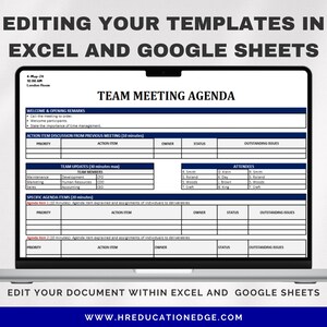 May include: A laptop screen displaying a team meeting agenda template in a spreadsheet format. The template is titled "Team Meeting Agenda" and includes sections for welcome and opening remarks, action item discussion from previous meetings, team updates, and specific agenda items. The template is editable in Excel and Google Sheets. The website address "www.hreducationedge.com" is displayed at the bottom of the screen.