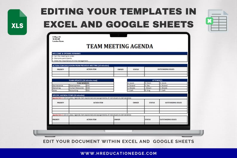 May include: A laptop screen displaying a team meeting agenda template in a spreadsheet format. The template is titled "Team Meeting Agenda" and includes sections for welcome and opening remarks, action item discussion from previous meetings, team updates, and specific agenda items. The template is editable in Excel and Google Sheets. The website address "www.hreducationedge.com" is displayed at the bottom of the screen.