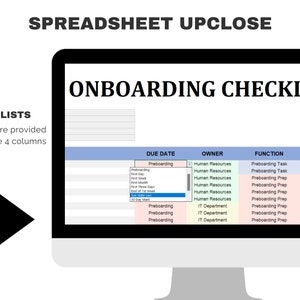 May include: A computer screen displaying an onboarding checklist spreadsheet with drop-down lists for due date, owner, function, and status. The spreadsheet is titled "Onboarding Checklist".