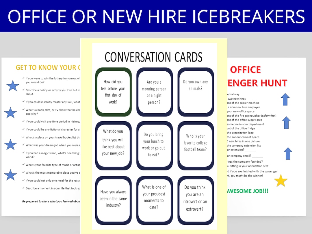 Office Icebreakers 3 Staff & New Hire Games Conversation Cards Office