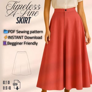 May include: A coral A-line skirt is featured in this image. The skirt has a button closure and a wide waistband. Text on the image reads "Timeless A-Line SKIRT", "PDF Sewing pattern", "INSTANT Download", and "Begginer Friendly".