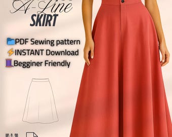 May include: A coral A-line skirt is featured in this image. The skirt has a button closure and a wide waistband. Text on the image reads "Timeless A-Line SKIRT", "PDF Sewing pattern", "INSTANT Download", and "Begginer Friendly".
