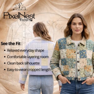 Flat lay parts and tools image for quilt jacket sewing pattern, showing cut fabric pieces for back, front, sleeves, collar, and pockets alongside realistic sewing tools like sewing machine, scissors, rotary cutter, thread, pins, clips, and buttons. This image helps explain the garment components and what is needed to sew the pattern.