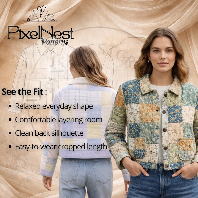 Flat lay parts and tools image for quilt jacket sewing pattern, showing cut fabric pieces for back, front, sleeves, collar, and pockets alongside realistic sewing tools like sewing machine, scissors, rotary cutter, thread, pins, clips, and buttons. This image helps explain the garment components and what is needed to sew the pattern.