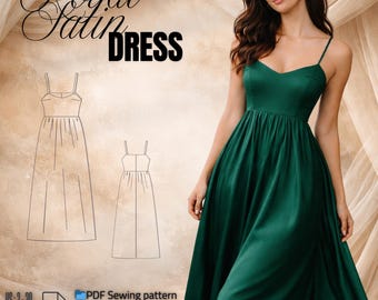 Maxi Dress Sewing Pattern PDF | Elegant Satin Evening Gown, Fitted Bodice, Beginner Friendly