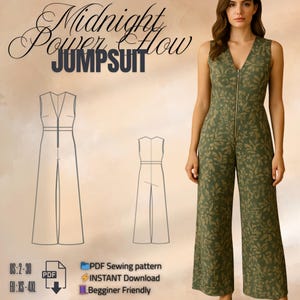 Puede incluir: Mono verde sin mangas con estampado de hojas y cremallera frontal. La imagen incluye un diagrama de patrón y el texto "Midnight Power How Jumpsuit", "PDF Sewing pattern" y "Instant Download". Se enumeran las tallas US 2-30 y EU XS-4XL.