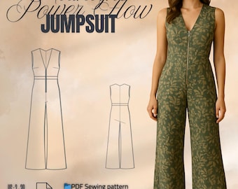 Jumpsuit Sewing Pattern PDF | Elegant Wide Leg High-Waist Deep V Neck, Holiday Ready, Beginner Friendly
