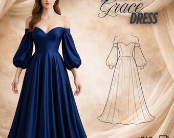 Off-Shoulder Puff Sleeve Gown Sewing Pattern – A-Line Dress (PDF Download)
