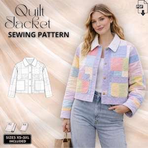 Patrón de costura en PDF para chaqueta acolchada, patrón para abrigo de trabajo con patchwork, acolchado XS-2XL
