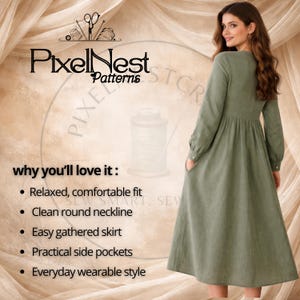 Relaxed fit button-front gathered midi dress sewing pattern PDF for women, displayed on a model wearing the finished long sleeve dress with cuffs. This beginner-friendly pattern includes a round neckline, full front button closure, softly gathered skirt, and loose silhouette for easy everyday wear. Designed for cotton poplin, linen, and lightweight woven fabrics, this digital dress pattern helps sewists create comfortable, practical, and timeless handmade dresses.