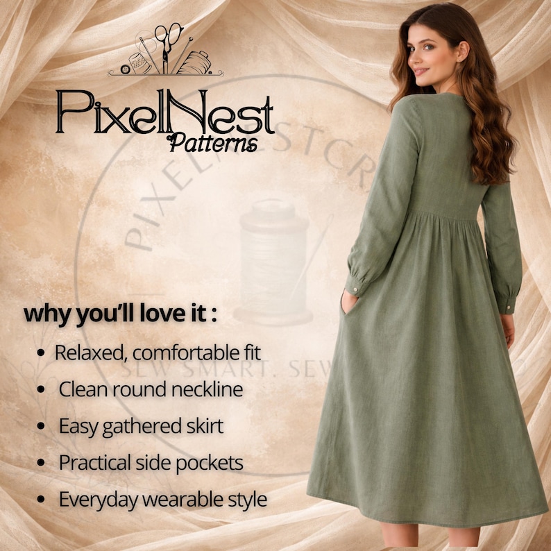 Relaxed fit button-front gathered midi dress sewing pattern PDF for women, displayed on a model wearing the finished long sleeve dress with cuffs. This beginner-friendly pattern includes a round neckline, full front button closure, softly gathered skirt, and loose silhouette for easy everyday wear. Designed for cotton poplin, linen, and lightweight woven fabrics, this digital dress pattern helps sewists create comfortable, practical, and timeless handmade dresses.