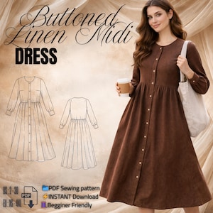 Midi Dress Sewing Pattern PDF | Button-Front Relaxed Fit Dress, Beginner Friendly