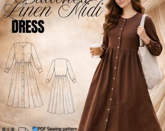 Midi Dress Sewing Pattern PDF | Button-Front Relaxed Fit Dress, Beginner Friendly