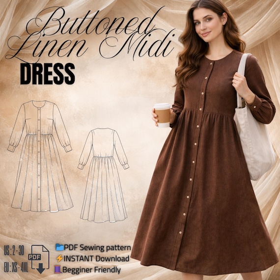Midi Dress Sewing Pattern PDF | Button-Front Relaxed Fit Dress, Beginner Friendly