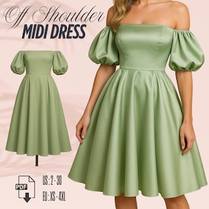Patrón de costura para vestido midi con hombros descubiertos, patrón de vestido bohemio con mangas abullonadas, elegante vestido de cóctel y fiesta de verano para mujer, patrón de ropa DIY