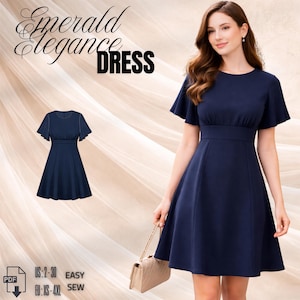 Fit and Flare Dress Sewing Pattern PDF, High Waist Ruched Underbust Dress, Flared Sleeve Woven Dress, Easy Sew Pattern