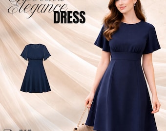 Fit and Flare Dress Sewing Pattern PDF, High Waist Ruched Underbust Dress, Flared Sleeve Woven Dress, Easy Sew Pattern