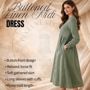 Women’s button-front midi dress sewing pattern PDF displayed on a model wearing a relaxed fit gathered dress with long sleeves and cuffs. This beginner-friendly sewing pattern includes a simple round neckline, full-length button placket, softly gathered skirt, and easy loose silhouette for comfort and movement. Designed for woven fabrics such as cotton poplin and linen, this digital dress pattern is perfect for creating practical, casual handmade dresses for everyday wardrobes.