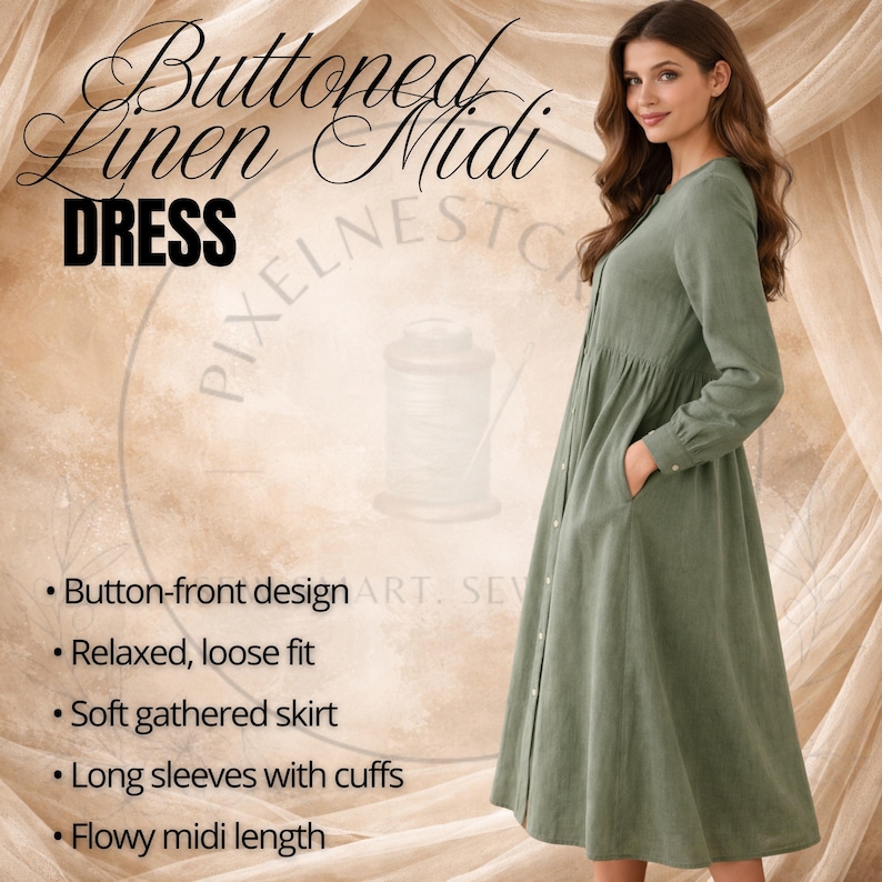 Women’s button-front midi dress sewing pattern PDF displayed on a model wearing a relaxed fit gathered dress with long sleeves and cuffs. This beginner-friendly sewing pattern includes a simple round neckline, full-length button placket, softly gathered skirt, and easy loose silhouette for comfort and movement. Designed for woven fabrics such as cotton poplin and linen, this digital dress pattern is perfect for creating practical, casual handmade dresses for everyday wardrobes.