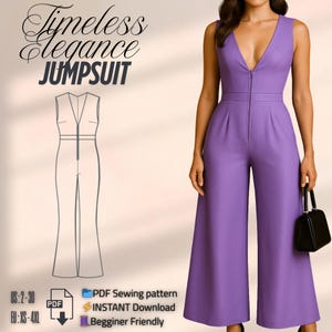 Deep V Neck Flared Leg Jumpsuit Sewing Pattern, Chic Wide-Leg One Piece PDF, Beginner Friendly DIY Fashion for Elegant Occasions slowfashion