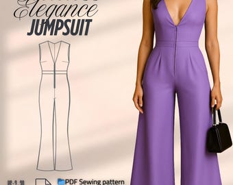 Elegant Flared-Leg Deep V-Neck One-Piece | Jumpsuit Sewing Pattern PDF, Holiday Ready, Beginner Friendly