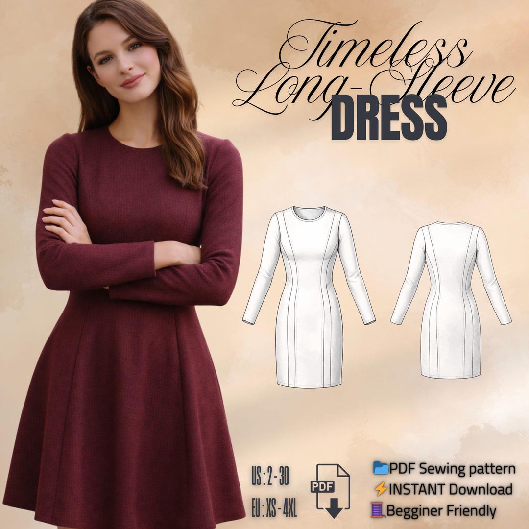 A-line Dress Sewing Pattern PDF | Elegant Long Sleeve Dress, Holiday Ready,  Beginner Friendly - Etsy