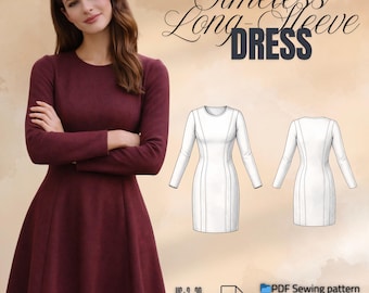 A-Line Dress Sewing Pattern PDF | Elegant Long Sleeve Dress, Holiday Ready, Beginner Friendly
