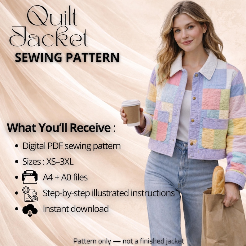 Front and side fit view of a quilted patchwork jacket made from the sewing pattern PDF, showing relaxed silhouette, comfortable layering room, cropped length, collar shape, and patch pockets. The model wears the jacket in a natural outdoor lifestyle setting to help buyers see how the finished garment fits and drapes.