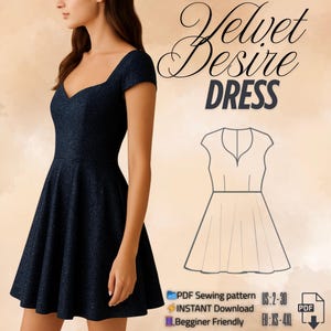 Könnte beinhalten: Ein marineblaues, glitzerndes Samtkleid mit herzförmigem Ausschnitt und ausgestelltem Rock. Das Bild enthält den Text "Velvet Desire DRESS" und eine Strichzeichnung des Kleides. Das Kleid ist ein PDF-Schnittmuster, erhältlich in den US-Größen 2-30 und EU-Größen XS-4XL.
