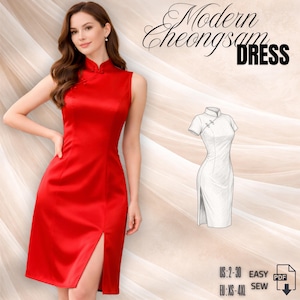Puede incluir: Un vestido cheongsam de satén rojo sin mangas, hasta la rodilla, con cuello mandarín alto y abertura lateral. La imagen incluye un boceto de un vestido blanco similar y el texto "Modern Cheongsam DRESS".