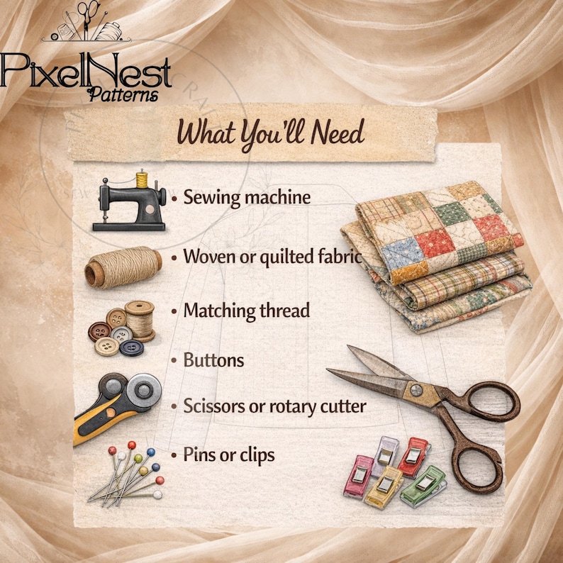 Fabric recommendation image for quilt jacket sewing pattern featuring suggested materials such as quilted cotton, patchwork fabric, cotton canvas, light denim, and linen blends. The image helps buyers choose suitable woven fabrics for sewing a cozy patchwork jacket with structure, texture, and everyday wear appeal.

Image 7