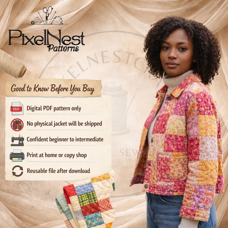 Close-up detail view of quilt jacket sewing pattern finished garment showing patchwork fabric texture, front button closure, collar shape, cropped hem, and patch pocket construction. The image highlights the realistic quilted surface and handmade look of the jacket to help buyers understand the design details, fabric suitability, and finished style of this digital PDF sewing pattern.